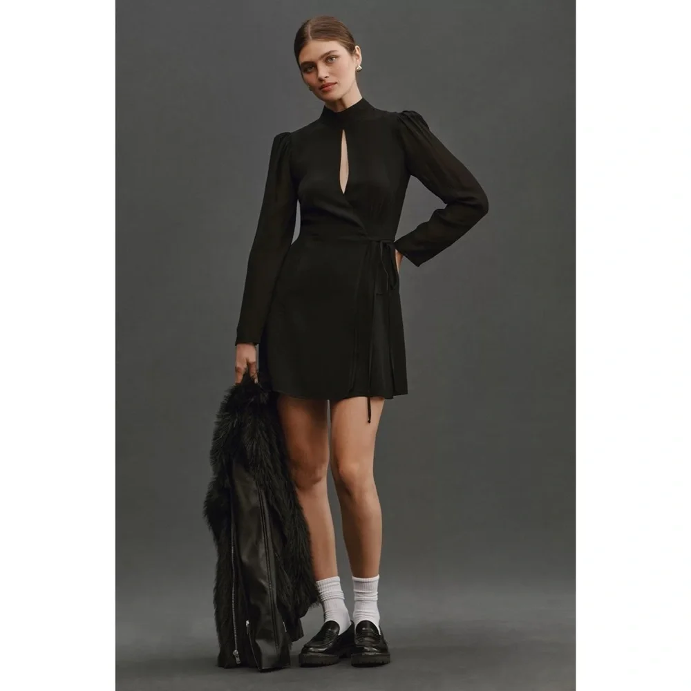 NWT Reformation Otessa Keyhole Front Tie Long Sleeve Mini Dress Black Witchy